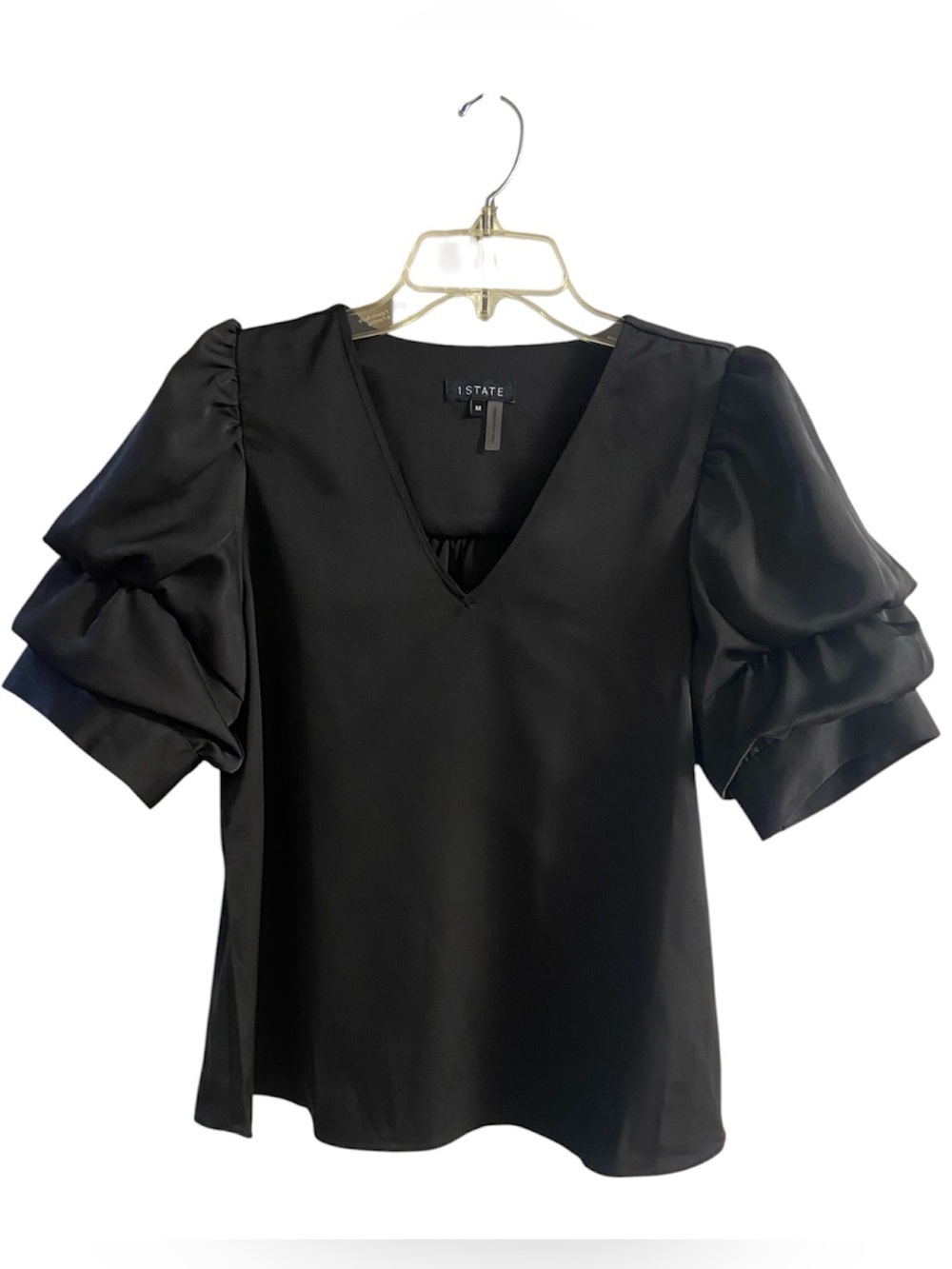 1STATE Black Puff Sleeve V-Neck Top Medium NWT